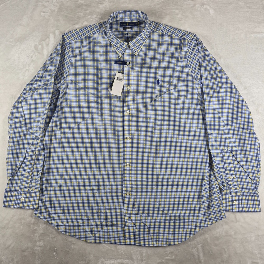 Ralph Lauren Button Down Shirt Men's 2XL XXL Blue Yellow Plaid Classic Fit NWT